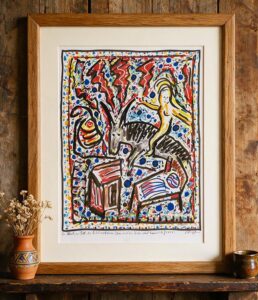 A Wardrobe, a Bed, a Picture with a Woman and a Bull, and Bolts of Fire II 2026 painting by Klaus Ferdinand Hempfling, Acrylic and Watercolor, 65 x 50 cm, KFH Art