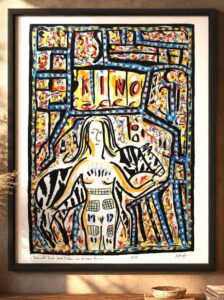 A Body-Painted Woman with a Zebra in Front of a Cinema 2026 painting by Klaus Ferdinand Hempfling, Watercolor and Acrylic on Paper, 85 x 60 cm, KFH Art