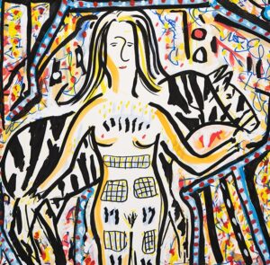 A Body-Painted Woman with a Zebra in Front of a Cinema 2026 painting by Klaus Ferdinand Hempfling, Watercolor and Acrylic on Paper, 85 x 60 cm, KFH Art