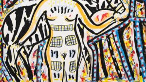 A Body-Painted Woman with a Zebra in Front of a Cinema 2026 painting by Klaus Ferdinand Hempfling, Watercolor and Acrylic on Paper, 85 x 60 cm, KFH Art