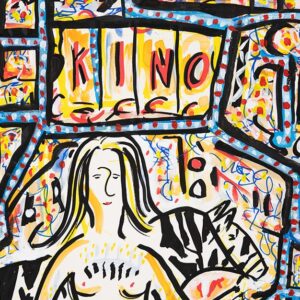 A Body-Painted Woman with a Zebra in Front of a Cinema 2026 painting by Klaus Ferdinand Hempfling, Watercolor and Acrylic on Paper, 85 x 60 cm, KFH Art