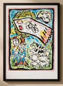 A Rocket with a Bicycle Painted on It Flies over a Meadow with Children, Sheep and Cows 2026, Painting by Klaus Ferdinand Hempfling, Acrylic and Watercolor on Paper, 70 x 100 cm, KFH Art